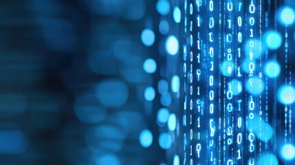 Fototapeta premium Illuminated abstract city skyline composed of glowing blue binary code and light particles representing smart city technology and digital transformation