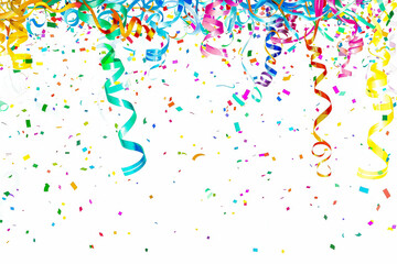 Colorful stream of confetti is falling from the sky. The confetti is in various colors and is scattered all over the image. Concept of celebration and joy, as if it were a party or a special event