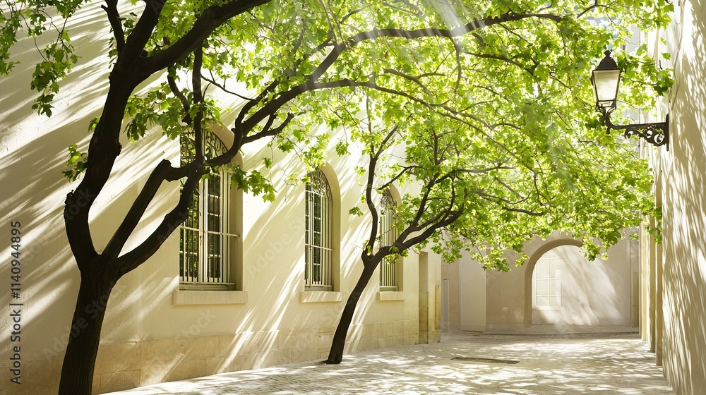 Aufkleber building with clock on front and lamp on side, framed by row of trees