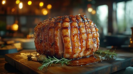Highresolution image of glistening glazed ham on cutting board