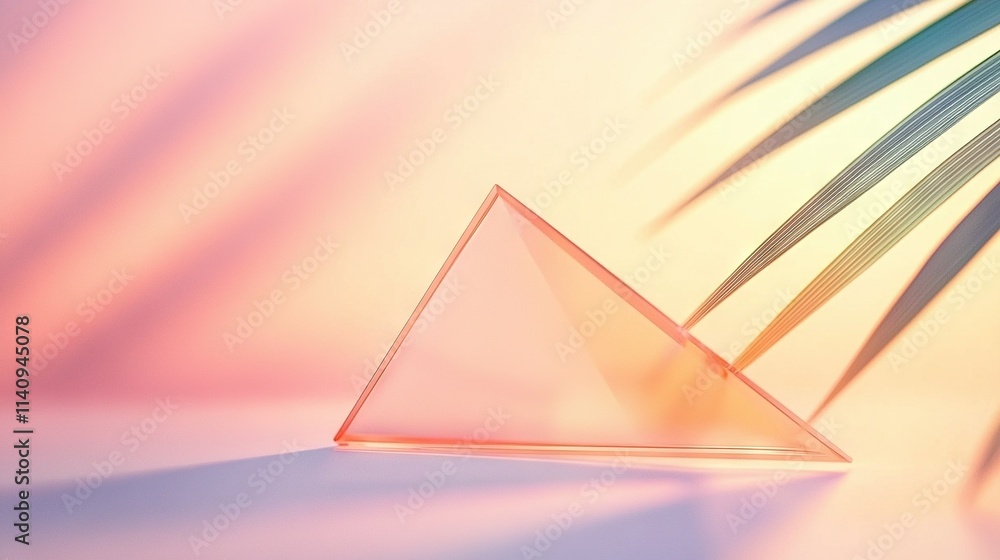 Poster a white table holds a palm leaf and a triangle-shaped object against a pink and yellow background