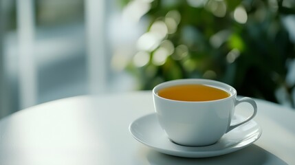 Obraz premium A cup of tea sitting on top of a white table
