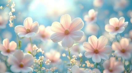 Fototapeta premium A field of pink flowers with a blue sky in the background