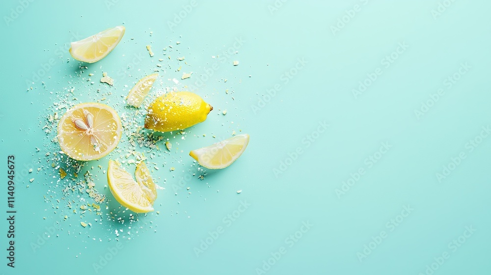 Poster a cluster of lemons on a table, beside a stack of salt and a lemon slice