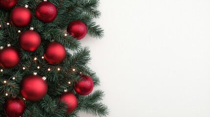 Elegant Red Christmas Ornaments on Pine Branches Against a Light Background