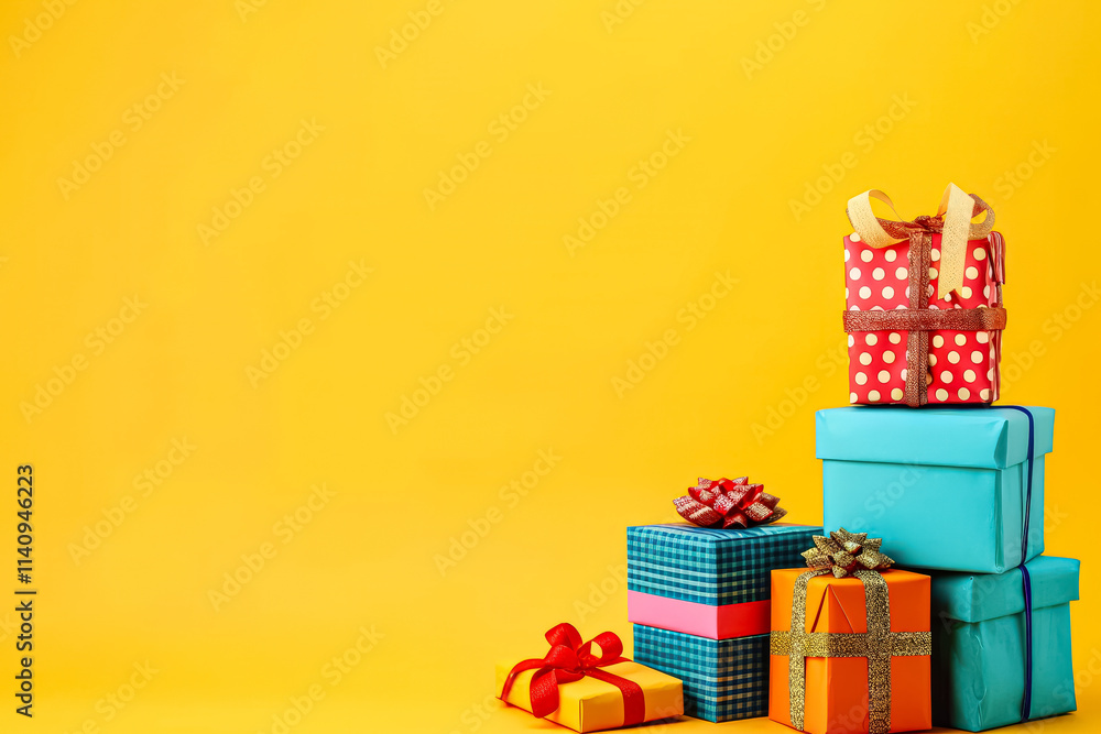 Aufkleber stack of colorful presents with polka dots and bows on top. concept of joy and excitement for the up