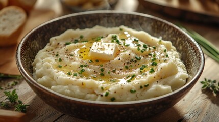 Highquality photograph of creamy mashed potatoes in rustic setting