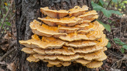 A group of mushrooms growing on the side of a tree