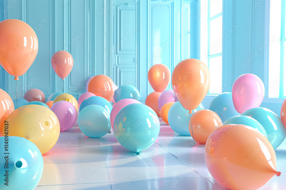 Poster room filled with many colorful balloons of various sizes. the balloons are scattered all over the fl