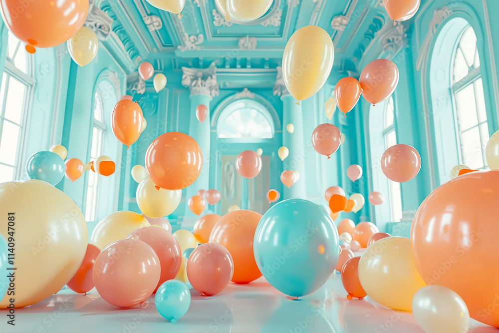 Poster room filled with many colorful balloons of various sizes. the balloons are scattered all over the fl