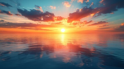 Obraz premium A sunset over the ocean with clouds reflecting in the water