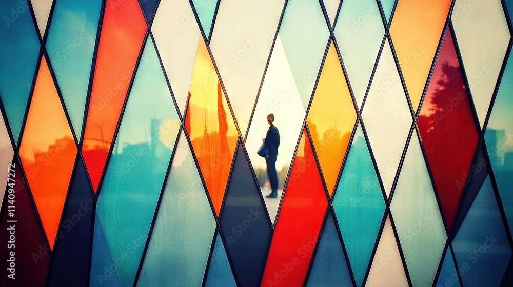 Poster a person stands before a colorful wall, with a building in the distance and trees surrounding them