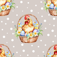 Watercolor seamless pattern polka dots and Easter chicken with colorful Easter Eggs and flowers isolated on a light gray background. Vector design for wallpaper, textile design, fabric, wrapping paper