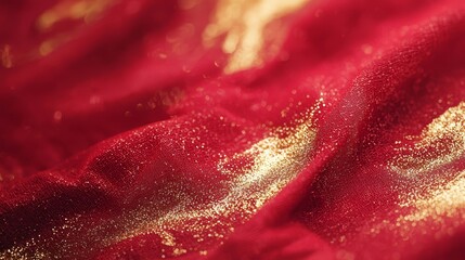 A close up shot of a red and gold fabric