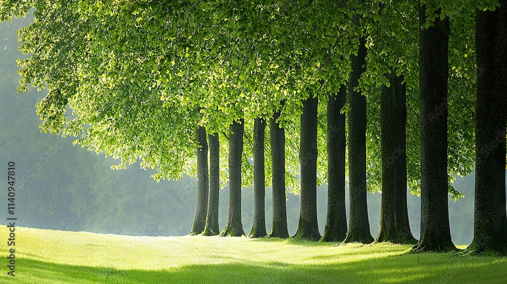 Aufkleber a line of trees surrounded by a green field with a bench positioned between them