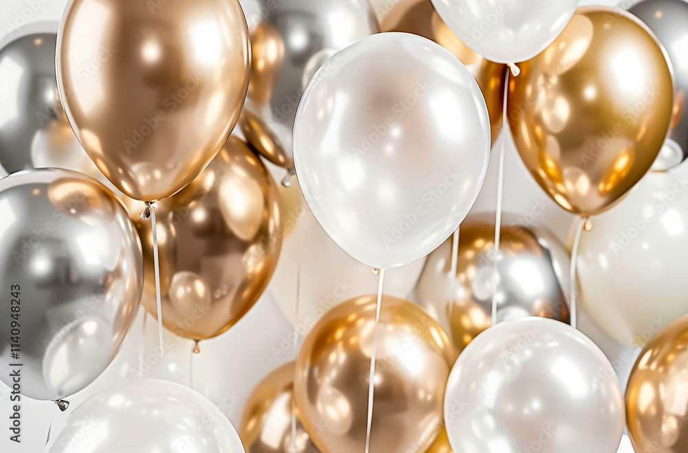 Poster bunch of shiny gold and white balloons. the balloons are hanging from the ceiling and are of differe