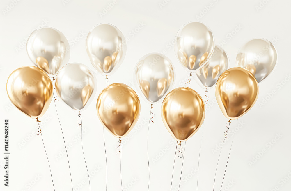 Poster bunch of shiny gold and white balloons. the balloons are hanging from the ceiling and are of differe