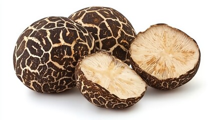 A group of mushrooms sitting next to each other on a white surface