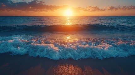 A sunset over the ocean with waves crashing on the beach