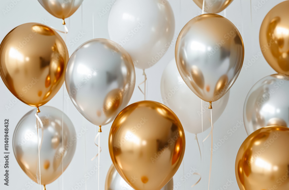 Poster bunch of shiny gold and white balloons. the balloons are hanging from the ceiling and are of differe