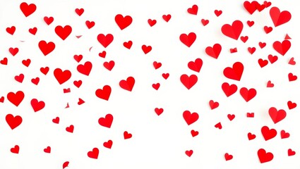 Red paper hearts falling on white background representing love and romance