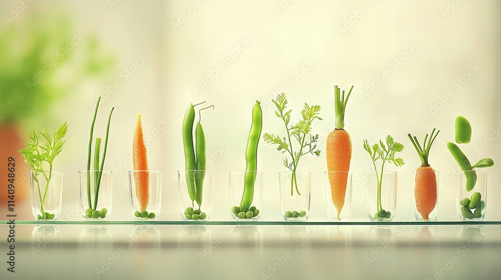 Poster a row of carrots and celery in clear vases on a table with a blurred backdrop