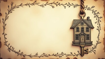 House shaped key hanging on old paper with floral decoration representing real estate investment