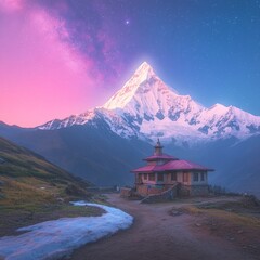 Serene mountain scene with a temple under a starry sky.