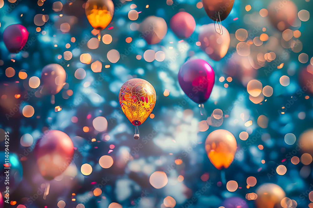 Poster bunch of colorful balloons are floating in the air, creating a festive and joyful atmosphere. the ba
