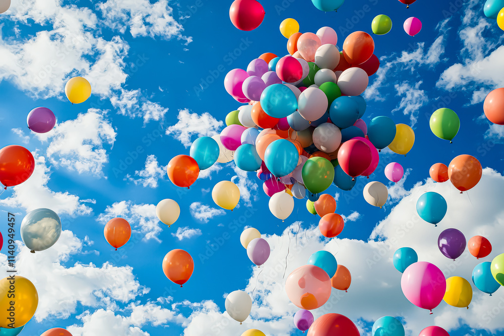 Poster bunch of colorful balloons are floating in the sky. the balloons are of different colors and sizes, 