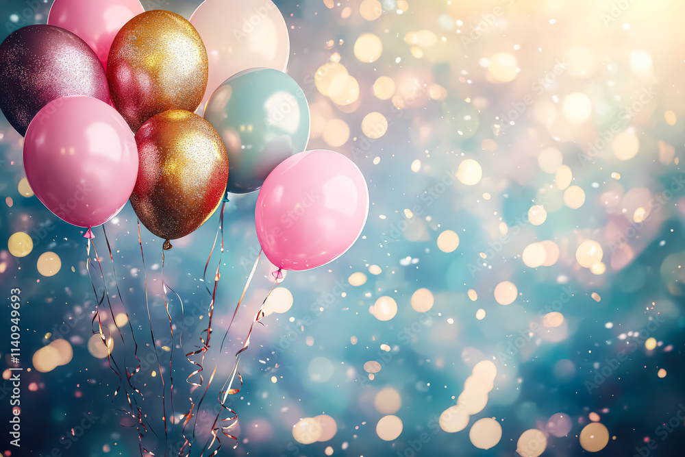 Poster bunch of colorful balloons are floating in the air, creating a festive and joyful atmosphere. the ba