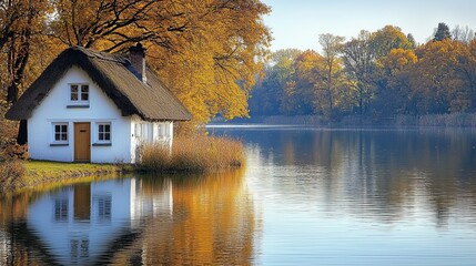 Fototapeta premium A small white house sitting on the shore of a lake