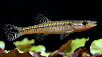 A small fish swimming in an aquarium filled with plants