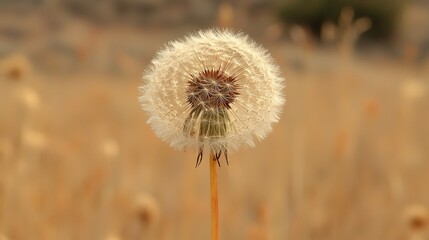 A dandelion in the middle of a field of dry grass