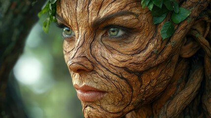  A close up of a woman's face covered in leaves