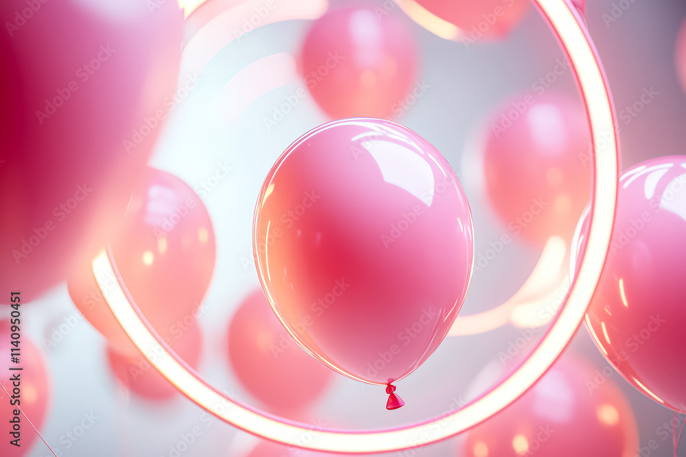 Poster bunch of pink balloons are floating in a circle. the balloons are all different sizes and are scatte