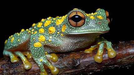 A green and yellow frog sitting on a branch