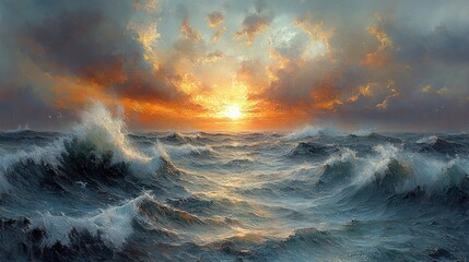 Fototapeta premium Ocean waves crash; fiery sunset sky.