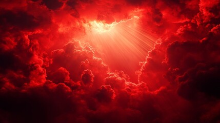 Red Clouds and Heavenly Light Rays Shine Through