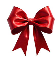 A vibrant red ribbon bow, perfect for gift wrapping.