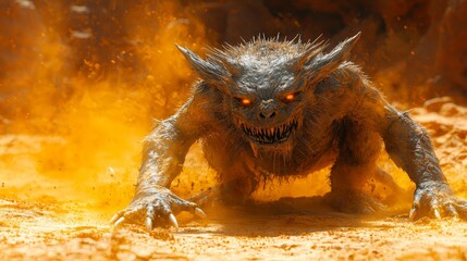 Fototapeta premium A monster with red eyes running through the sand