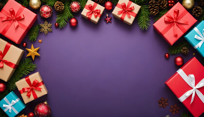 christmas gifts, ornaments, and pine decorations framing a purple festive background