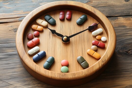 Colorful pills arranged around a clock, symbolizing timely medication management. Generative AI