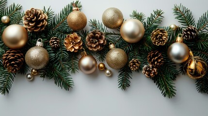 A festive arrangement of pine branches with gold and silver ornaments and pine cones.