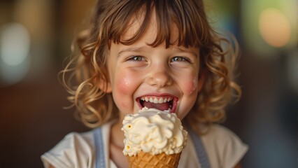 Joyful moment of a little girl enjoying ice cream on a sunny day in an outdoor setting