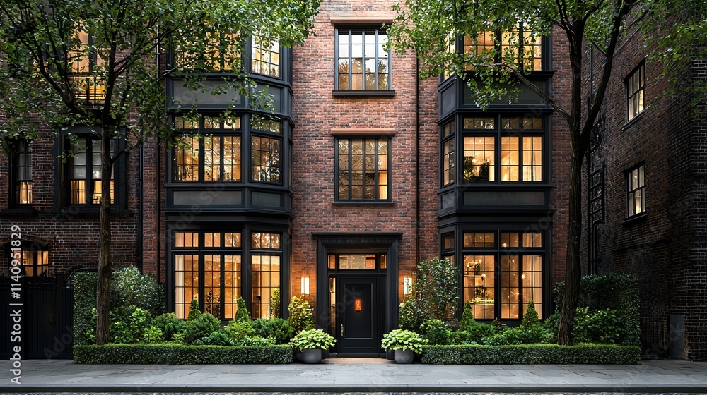 Poster a towering structure featuring numerous windows, adorned with lush greenery on either side of the en