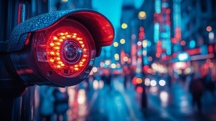 CCTV monitoring system with red LED lights illuminating a busy urban street at night