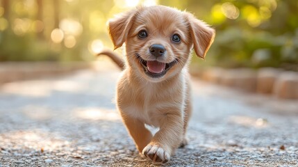 Fototapeta na wymiar A small brown dog running down a dirt road