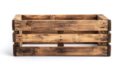 Wooden crate object isolated on white background, rustic storage box for packaging, vintage timber container for shipping, empty farm produce crate, natural wood cargo case box mockup.