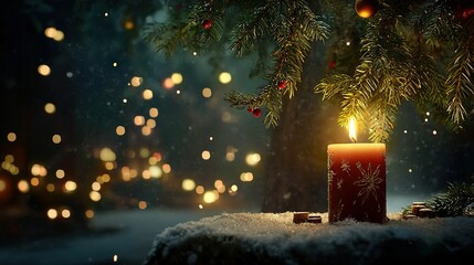   A candle glowing on snow, near a tree with lights in the distance